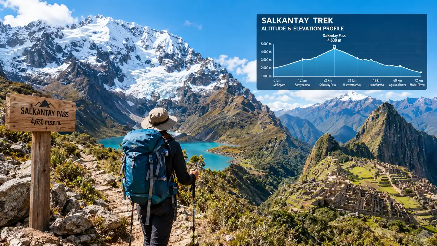 Perfil de altitud del Salkantay Trek, elevación y Paso de Salkantay