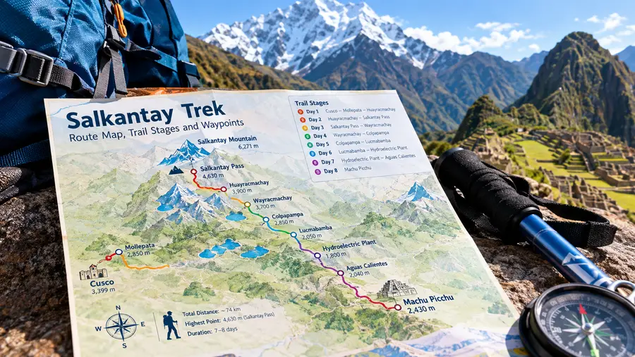 Mapa de la Ruta del Salkantay Trek, Etapas del Sendero y Puntos de Referencia