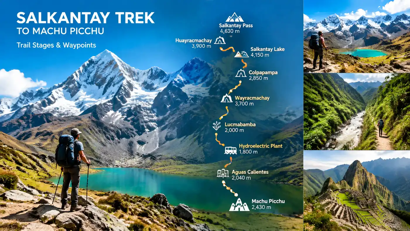 Mapa de la Ruta del Salkantay Trek, Etapas del Sendero y Puntos de Referencia